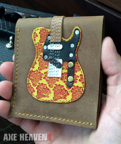 Red Embossed Paisley Electric Guitar Wallet - Handmade from Genuine Leather